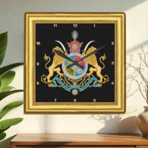 Iran-Uhr, Kaiserliche Wappen 1925-1979, Gold Quadratische Wanduhr