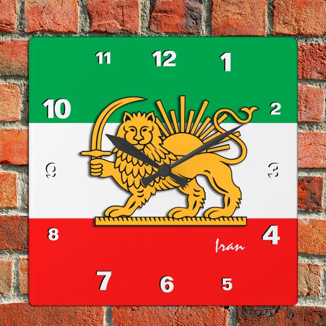 Iran Uhr, persische Flagge mit Löwen, Schah des Ir Quadratische Wanduhr (Von Creator hochgeladen)