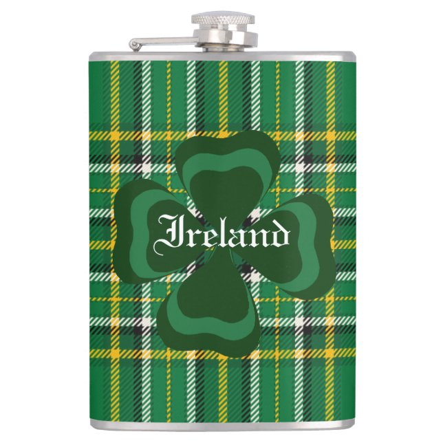 Ireland National Tartan, Kleeblatt Customize name Flachmann (Vorderseite)