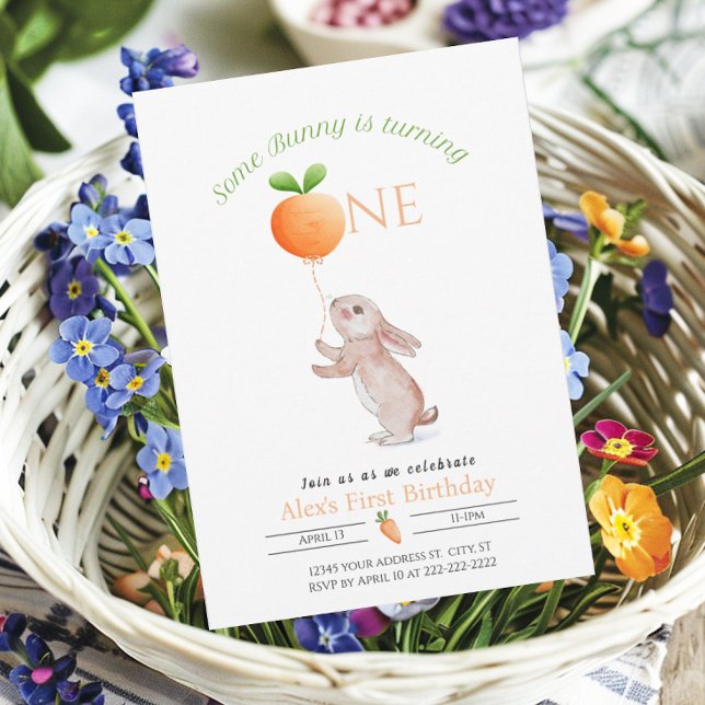 Irgendein Bunny 1. Geburtstag Karottenballon Custo Einladung (Some Bunny Invitation with carrot balloon for 1st First birthday)