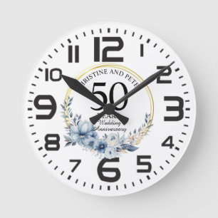 Irgendeine Hochzeit (50) Elegantes blaues florales Runde Wanduhr
