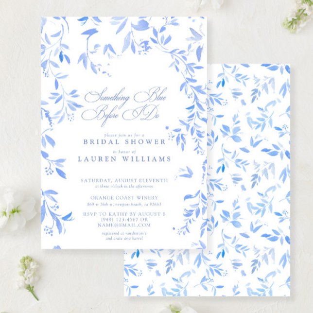 Irgendetwas Blue Floral Script Brautparty Einladung (Von Creator hochgeladen)
