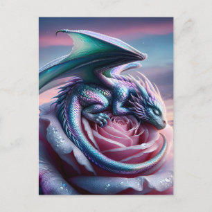 Iridescent Baby Dragon Asleep auf Pink Rose Postkarte