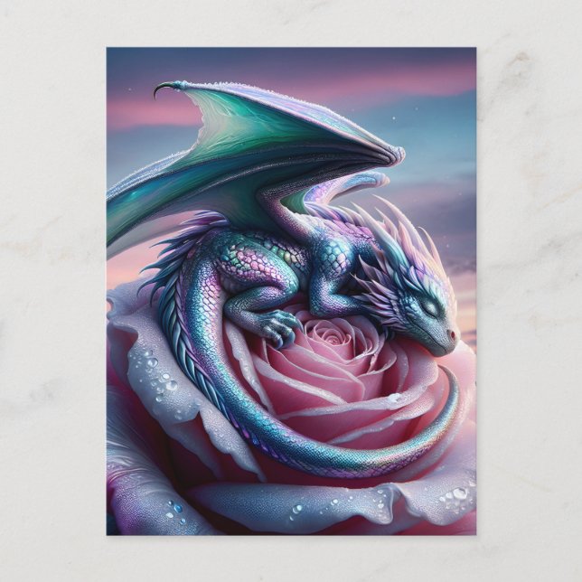 Iridescent Baby Dragon Asleep auf Pink Rose Postkarte (Vorderseite)