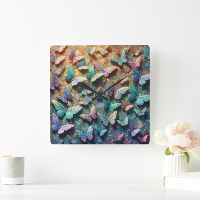 Iridescent Butterfly Garden Mousepad Quadratische Wanduhr (Zuhause)