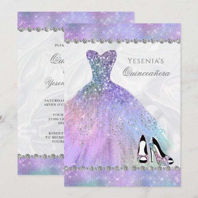 Iridescent Diamond Sparkle Glam Quinceañera Einladung (Vorne/Hinten)