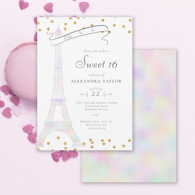 Iridescent Eiffel Tower Paris Gold Chic Sweet 16 Einladung (paris eiffel sweet 16 invitation modern elegant minimalist gold confetti holographic rainbow ooh la)