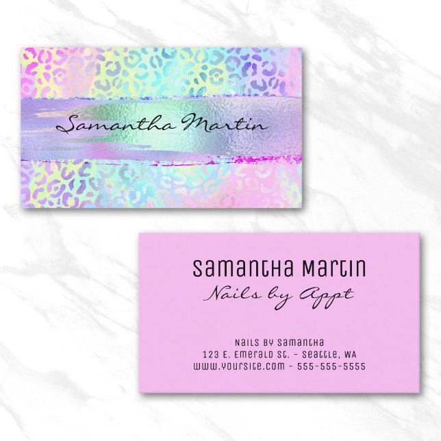 Iridescent Foil Brush Stroke Regenbogen Leopard Pi Visitenkarte (Iridescent Foil Brush Stroke Rainbow Leopard Pink Business Card)