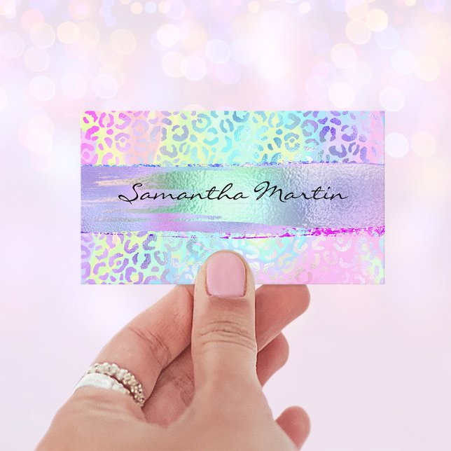 Iridescent Foil Brush Stroke Regenbogen Leopard Pi Visitenkarte (Iridescent Foil Brush Stroke Rainbow Leopard Pink Business Card)
