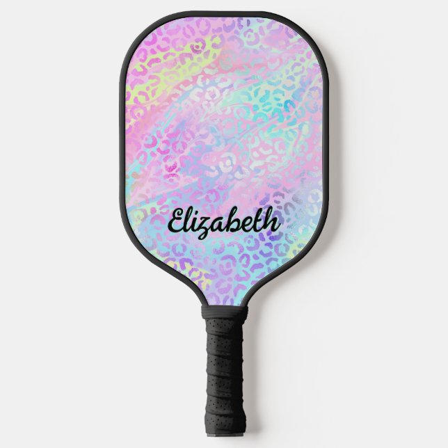 Iridescent Foil Regenbogen Leopard Pink Pickleball Schläger (Vorderseite)