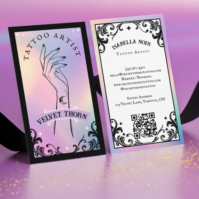 Iridescent Holographic Gothic Body Tattoo Artist Visitenkarte (Iridescent Holographic Gothic Body Tattoo Artis Business Card)