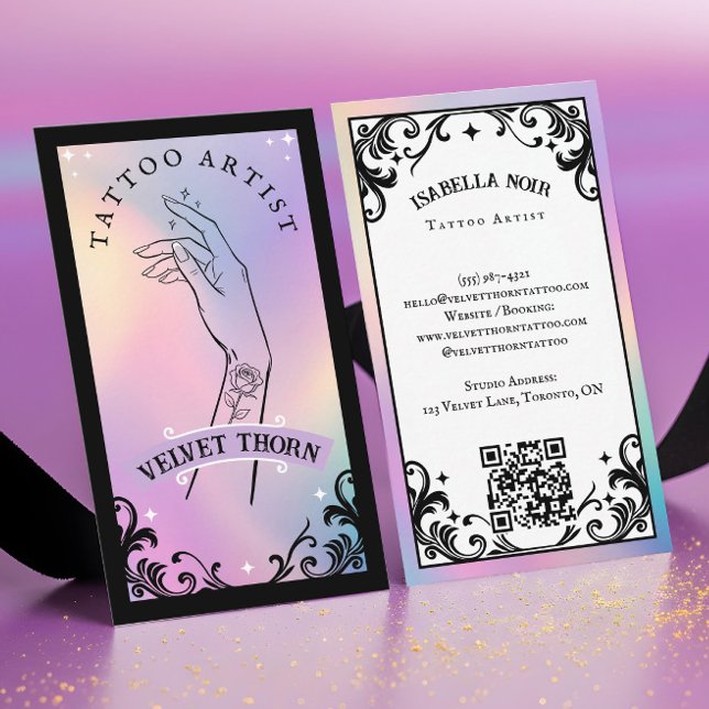 Iridescent Holographic Gothic Tattoo Artist Visitenkarte (Iridescent Holographic Tattoo Artist Business Card)