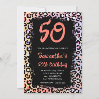 Iridescent Leopard Coral und Black 50. Geburtstag Einladung