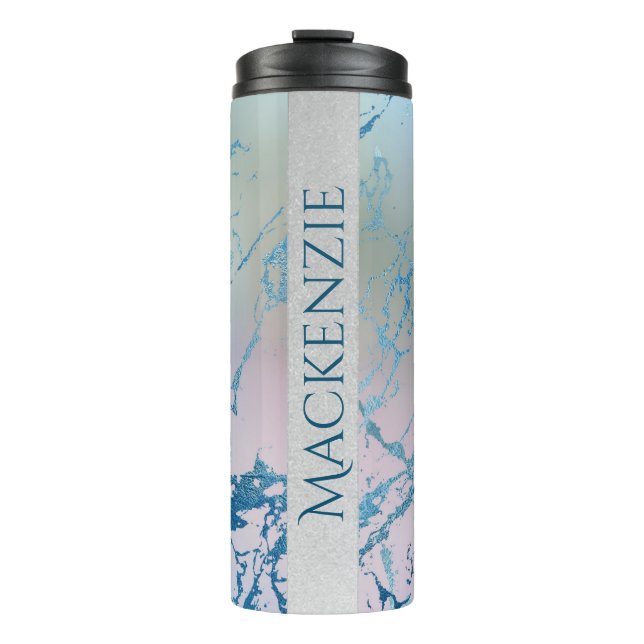 Iridescent Marble | Trendy Imitats Holo Blue Pink Thermosbecher (Vorderseite)