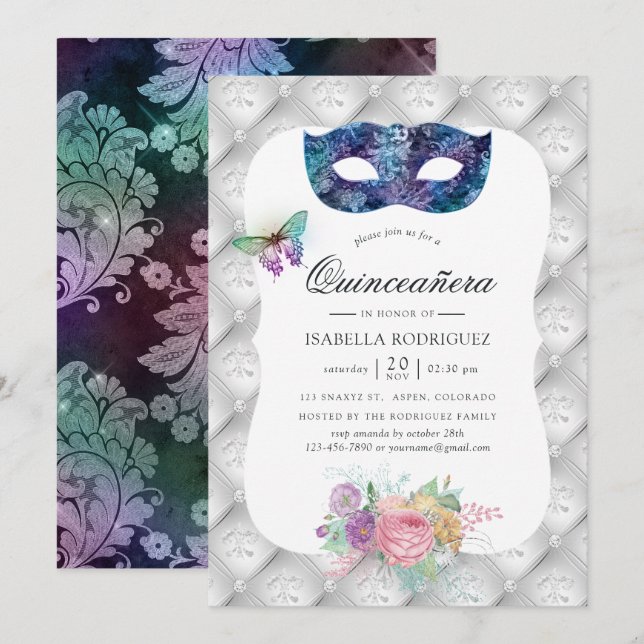 Iridescent Masquerade Quinceañera Einladung (Vorne/Hinten)