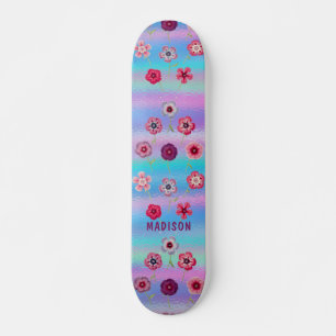 Iridescent Modern Girly Pink Purple Blumen Name Skateboard