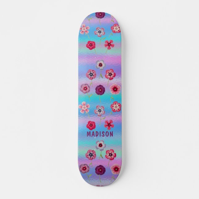 Iridescent Modern Girly Pink Purple Blumen Name Skateboard (Vorne)