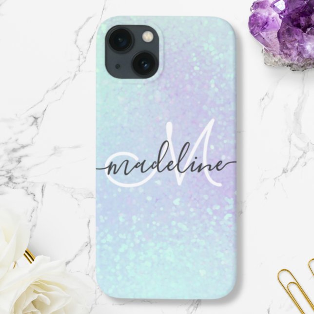 Iridescent Pastel Holographic Glitzer Mit Monogram Case-Mate iPhone Hülle (Von Creator hochgeladen)