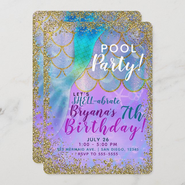 Iridescent Pearl Glitzer Mermaid Birthday Party Einladung (Vorne/Hinten)
