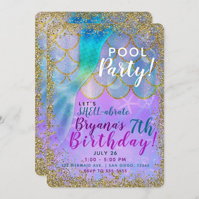 Iridescent Pearl Glitzer Mermaid Birthday Party Einladung (Vorne/Hinten)
