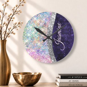 iridescent purple silver faux glitter monogram runde wanduhr