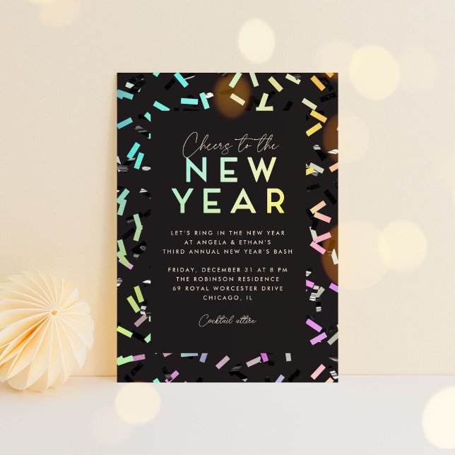 Iridescent Rainbow Confetti Silvester Party Einladung (colorful confetti New Year's party invitation)
