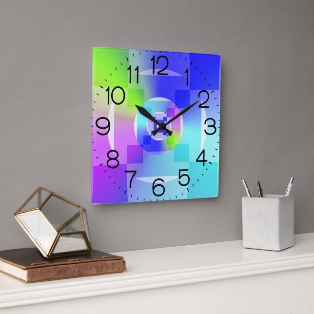 Iridescent Rainbow Gradient Delikate Fraktal Art Quadratische Wanduhr (Büro)