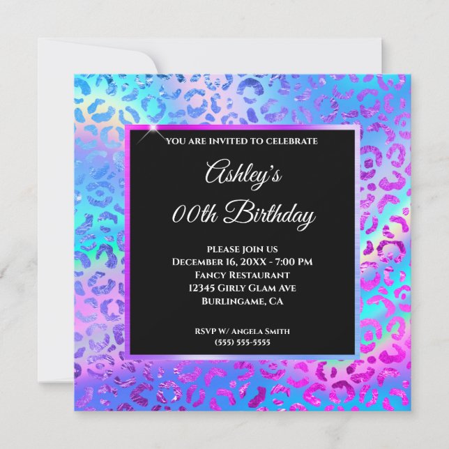 Iridescent Rainbow Ombre Leopard Foil Geburtstag Einladung (Vorderseite)
