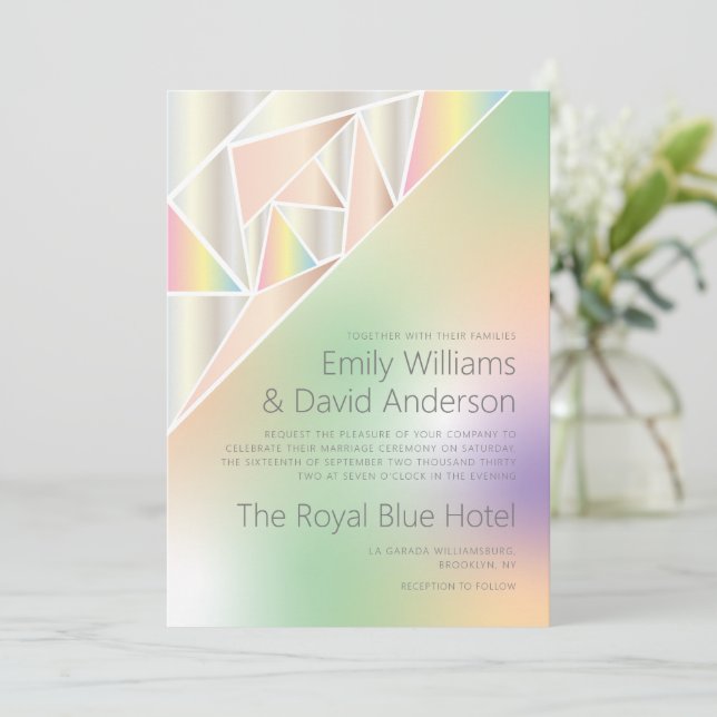 Iridescent Silver Pastel Gems Inspired Wedding  Einladung (Stehend Vorderseite)