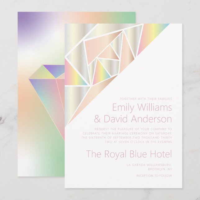 Iridescent Silver Soft Pastel Diamond Wedding  Einladung (Vorne/Hinten)