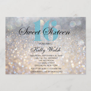 Iridescent Sweet 16 Light Blue Glitzer Einladung