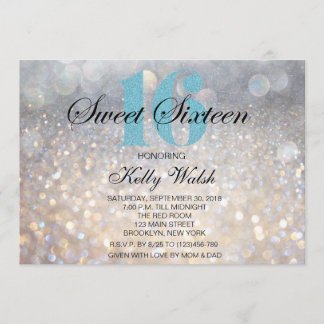 Iridescent Sweet 16 Light Blue Glitzer Einladung