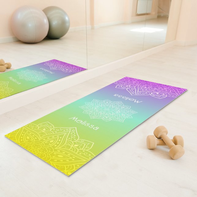 Iridescent Teal Rainbow Gradient Mandala With Name Yogamatte (Disclaimer: This image is a digital mockup.)