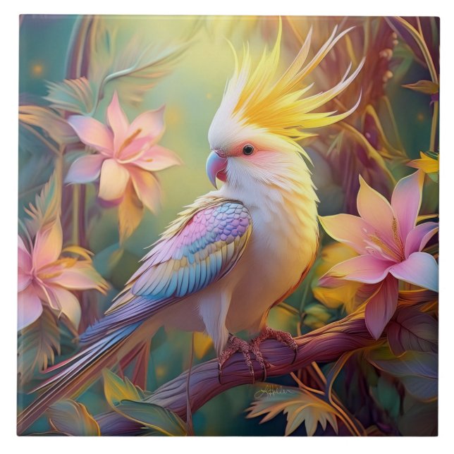 Iridesing Wing Cockatiel Fantasy Bird Fliese (Vorderseite)