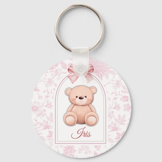 Iris | Benutzerdefiniertes rosa Teddy-Bär-Kinderzi Schlüsselanhänger (Vorderseite)