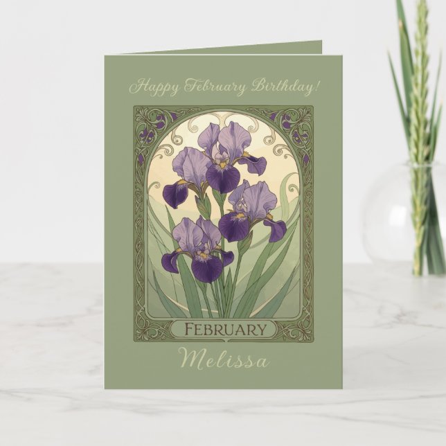 Iris Birthday Flowers February Art Nouveau Style Karte (Vorderseite)