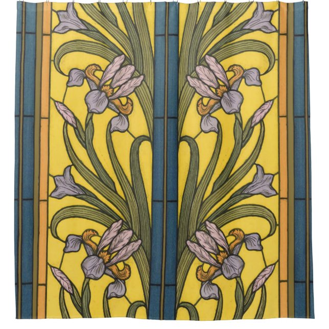 Iris Blume Art Nouveau Glass Blue Gold Duschvorhang (Vorderseite)