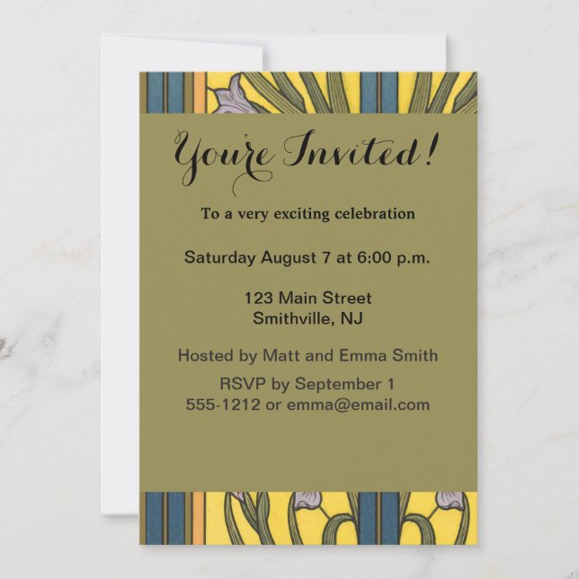 Iris Blume Art Nouveau Glass Blue Gold Einladung (Vorderseite)