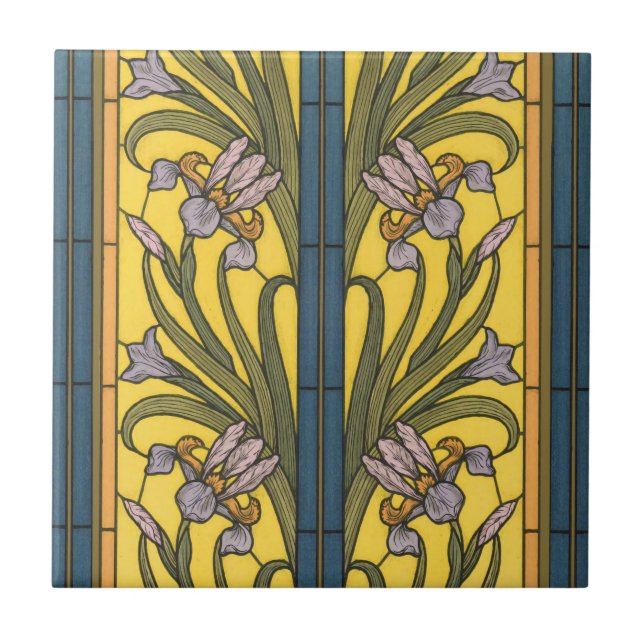 Iris Blume Art Nouveau Glass Blue Gold Fliese (Vorderseite)