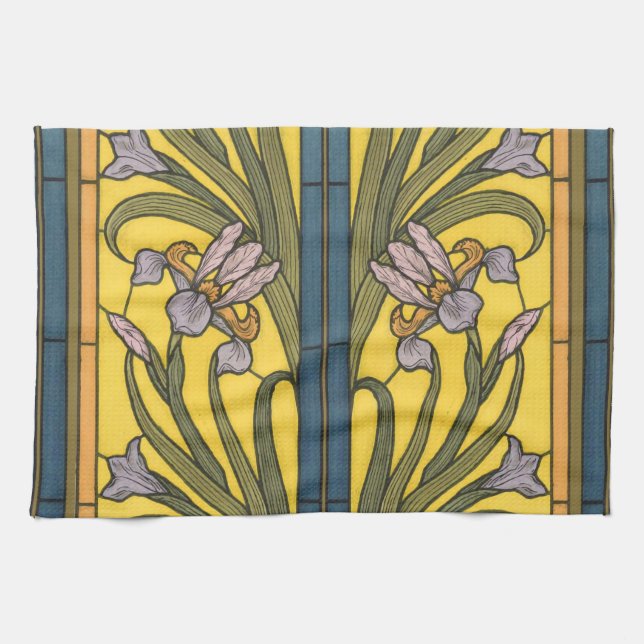 Iris Blume Art Nouveau Glass Blue Gold Geschirrtuch (Horizontal)