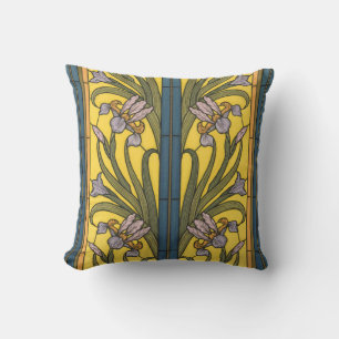 Iris Blume Art Nouveau Glass Blue Gold Kissen