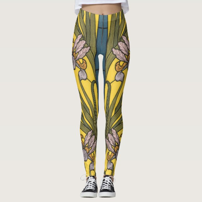Iris Blume Art Nouveau Glass Blue Gold Leggings (Vorderseite)