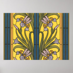 Iris Blume Art Nouveau Glass Blue Gold Poster