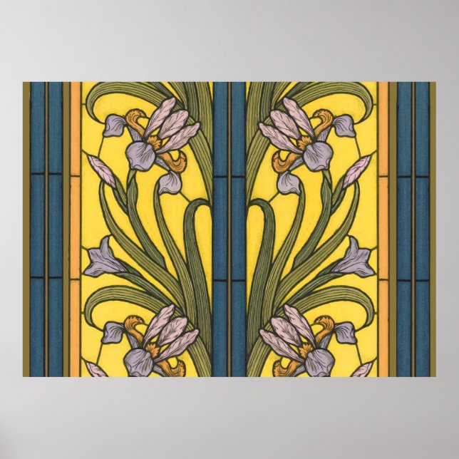 Iris Blume Art Nouveau Glass Blue Gold Poster (Vorne)