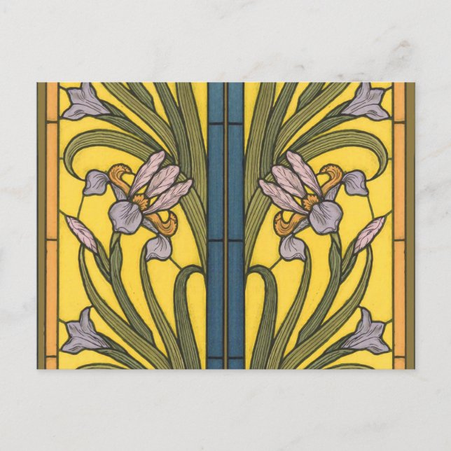 Iris Blume Art Nouveau Glass Blue Gold Postkarte (Vorderseite)