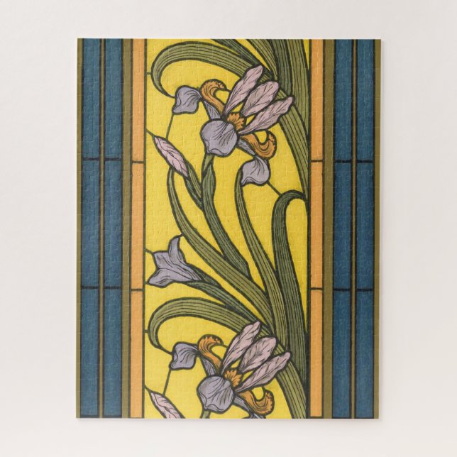 Iris Blume Art Nouveau Glass Blue Gold Puzzle (Vertikal)