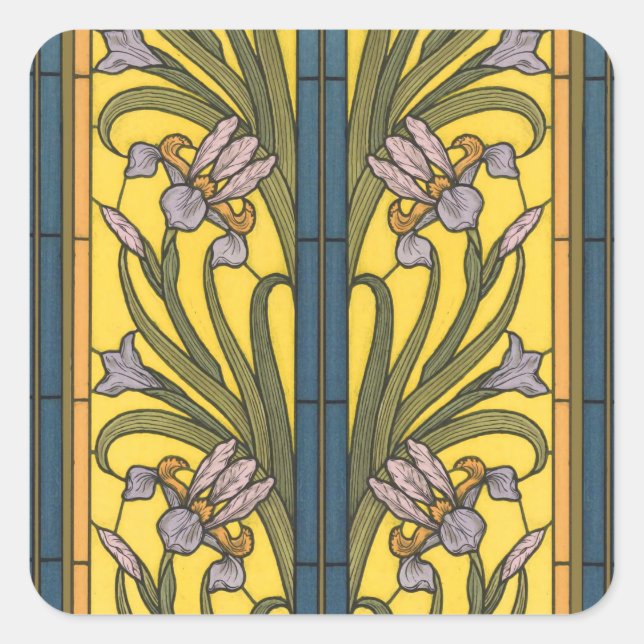 Iris Blume Art Nouveau Glass Blue Gold Quadratischer Aufkleber (Vorderseite)