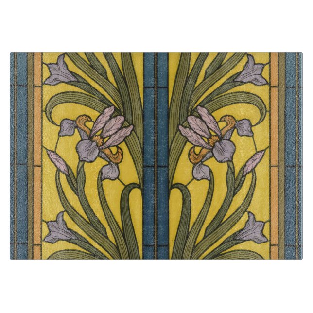 Iris Blume Art Nouveau Glass Blue Gold Schneidebrett (Vorderseite)