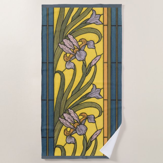 Iris Blume Art Nouveau Glass Blue Gold Strandtuch (Vorderseite)