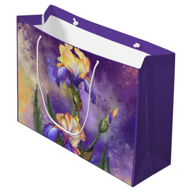 Iris Blume Lila Irische Tasche schenken - Malerei Große Geschenktüte (Vorderseite Schrägansicht)